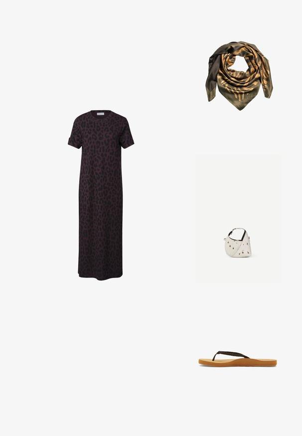 Vestido midi de manga corta color púrpura oscuro con estampado de leopardo negro y escote redondo.; Chanclas de tiras trenzadas marrones con suela suave y plantilla color tostado, que presentan un diseño redondeado y suela de goma texturizada para mayor tracción.; Pañuelo cuadrado de seda con patrón de rayas de tigre en verde oscuro y marrón, doblado en un lazo suelto con extremos puntiagudos.; Pequeño bolso blanco con manchas marrones, forma triangular redondeada, forro interior negro y correa corta ajustable con hebilla plateada.