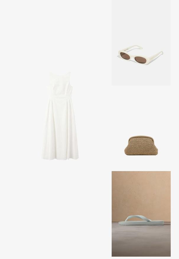 Witte mouwloze midi-jurk met nauwsluitend lijfje en uitlopende rok, afgebeeld tegen een effen witte achtergrond.; Enkele lichtbeige rubberen teenslipper met een getextureerd voetbed en Y-vormige band op een effen grijze achtergrond.; Crème-kleurige zonnebril met ovale lenzen, bruin getint, met een glanzende afwerking en subtiele "Vogue" branding aan de zijkant.; Beige geweven clutch met een afgeronde bovenrand en een zachte, gestructureerde buitenkant, getoond tegen een witte achtergrond.