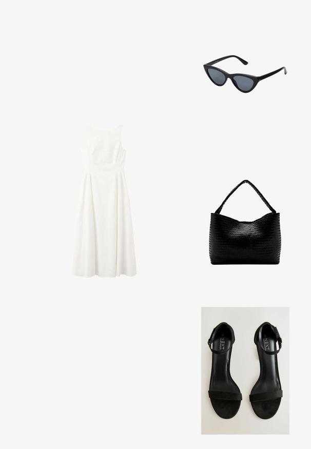 Robe midi blanche sans manches avec corsage ajusté et jupe évasée, présentée sur un fond blanc uni.; Sandales à talon haut en daim noir avec une fine bride de cheville et une large bande frontale. Texture lisse avec un intérieur poli et un design de bout arrondi.; Lunettes de soleil noires en forme d'œil de chat avec des verres gris foncé, monture en plastique élégante, coins pointus et branches droites. Pas de métal visible ni d'accents.; Sac à main tissé noir avec une anse unique tressée, forme rectangulaire et surface texturée brillante.