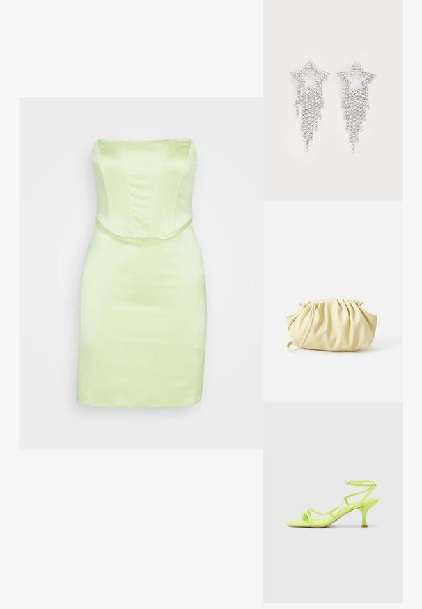 Gina Tricot CORSET DRESS - Cocktailkjole / festkjole - lime sherbet; Neon grøn højhælede sandal med firkantet tå, tynde stropper, ankelspænde og buet hæl. Glat materiale med en blank finish.; Gul plisseret håndtaske lavet af glat kunstlæder, med en blød form, en enkelt skulderrem og samlet topdesign.; Rhinestone stjerne øreringe med dryppende frynsedetaljer, præget af sølvfarve og en blank, reflekterende overflade. Stjernedesign med detaljeret udformning.
