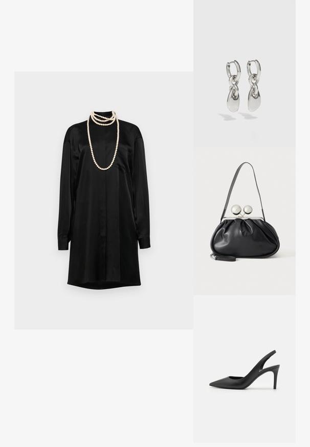 Robe chemise en satin noir avec manches longues, un col classique et une poche avant. Présente des colliers de perles superposés comme accents.; Escarpins à talon aiguille en cuir noir, avec un design à bout pointu, présentant une découpure à l'avant et un talon fin.; Sac à main en cuir noir avec un design plissé, une sangle unique, un cadre métallique argenté et deux grandes fermoirs ronds en argent.; Boucles d'oreilles en argent avec des maillons ovales allongés, présentant une finition polie et un pendentif tombant texturé. Design simple avec des bords lisses.