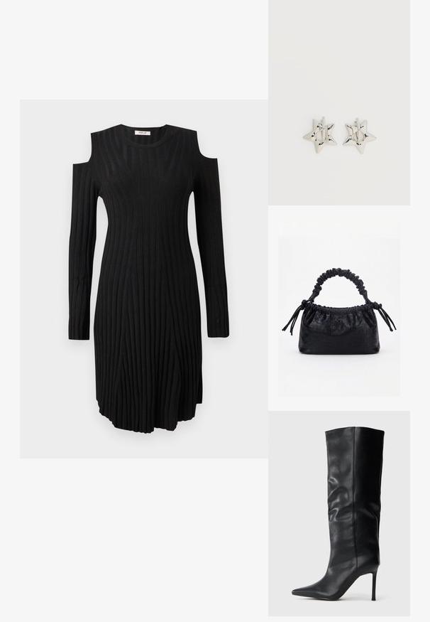Robe en maille côtelée noire avec manches longues et découpes aux épaules, encolure ronde et ourlet légèrement évasé.; Botte en cuir noire montante, avec un bout pointu et un talon fin, sur un fond blanc uni.; Sac à main noir avec texture crocodile, bord supérieur froncé, poignée plissée et pompons à cordon de chaque côté sur fond blanc.; Boucles d’oreilles créoles en forme d’étoile argentée avec une finition lisse et polie sur un fond blanc uni.