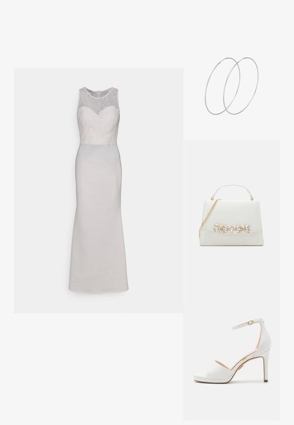 WAL G. WEDDING LEONE BRIDAL GOWN - Gallakjole - white; Hvid højhælet sandal med ankelrem og åben tå, med en tynd gylden spænde og en slank stiletthæl.; Hvid faux læder håndtaske med en struktureret form, der har en guld kædetras og en dekorativ sten udsmykning på forsiden.; Sølvøreringe med et minimalistisk design. Cirkulær form, glat tekstur og tynd profil. Letvægtige med en poleret overflade.