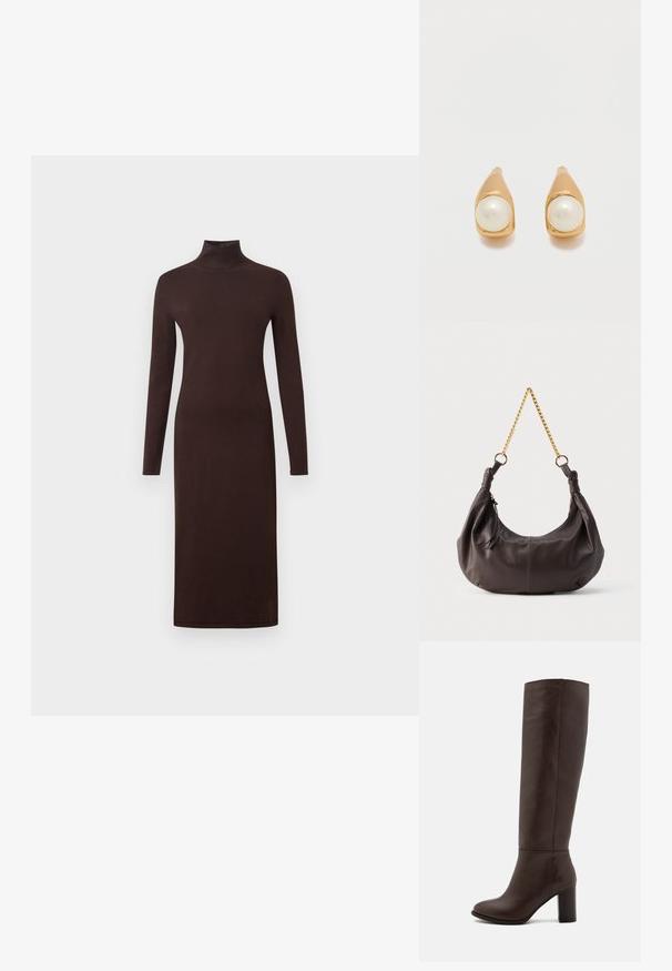 Langärmliges, turtleneck Kleid in Dunkelbraun, taillierte Form, weiche Textur, knielang, mit glatter Oberfläche und ohne sichtbare Muster.; Braune Lederstiefel bis zum Knie mit Blockabsatz, glatter Textur, runder Spitze und minimalen Nahtdetails.; Weiche Schultertasche aus dunkelbraunem Leder mit verknoteten Enden und einem kurzen goldfarbenen Kettenriemen, vor einem schlichten hellen Hintergrund.; Ohrstecker in Gold mit jeweils einer runden weißen Perle, die in glattem, gewölbtem Metall auf einem schlichten hellen Hintergrund gesetzt ist.