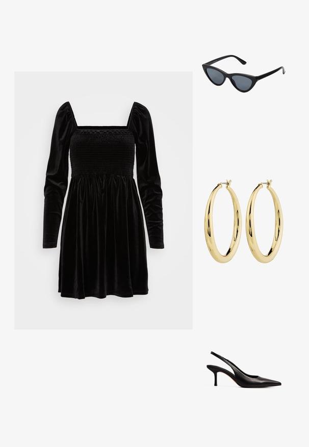 GAP SMOCKED MINI - Cocktailkjole / festkjole - black; NA-KD Pumps - black; Sorte katteøje solbriller med mørkegrå linser, slankt plastisk stel, spidse hjørner og lige stænger. Ingen synlig hardware eller dekorationer.; Guld hoops øreringe med en glat, poleret overflade. Cirkelformet, med en sikker lås på toppen. Overfladen reflekterer lys.