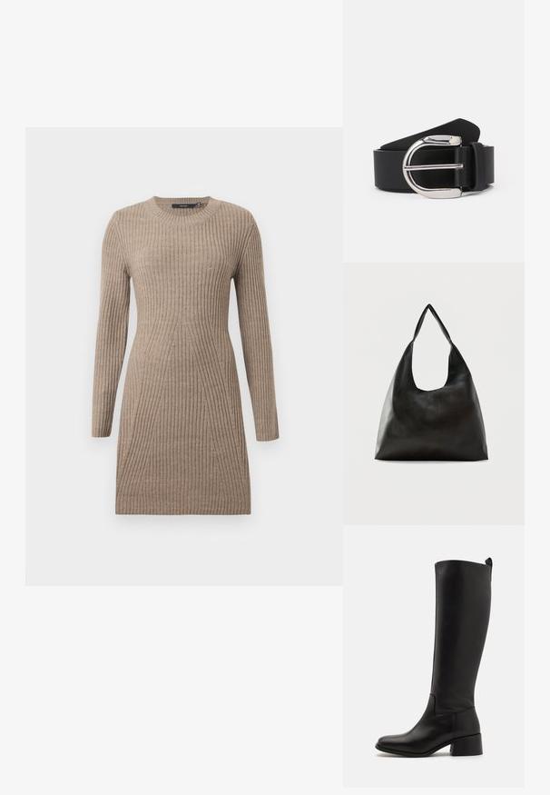 Beige rib gebreide jurk met lange mouwen, ronde halslijn en taps toelopende ontwerp elementen. Zachte textuur en een getailleerde silhouet.; Zwarte laarzen tot de knie, gemaakt van soepel leer, met een blokhak, ronde neus en een strakke, ongecompliceerde uitstraling.; Zwarte schoudertas van glad leer met een brede, enkele band en een nonchalant, minimalistisch ontwerp tegen een effen achtergrond.; Zwarte leren riem met een zilveren metalen gespan, met een gladde textuur en een klassiek ontwerp. De riem heeft een breedte van 3,8 cm.