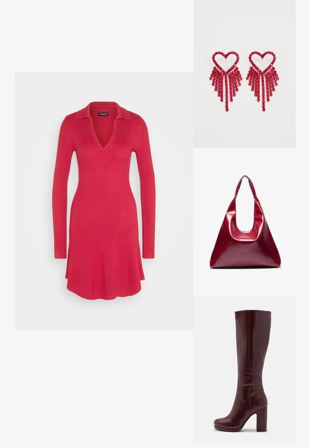 Even&Odd Robe pull - red; Anna Field Bottes à talons hauts - red; Sac à main en cuir laqué rouge de forme triangulaire, avec une large ouverture en haut et une seule anse courbée. Texture lisse avec des détails de couture minimaux.; Even&Odd Boucles d'oreilles - red