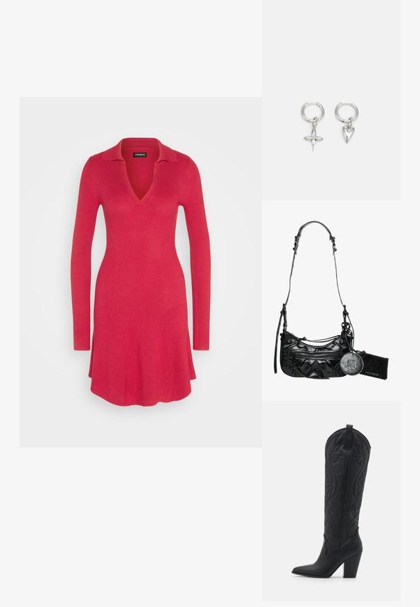 Even&Odd by Zalando Φόρεμα-πουλόβερ - red; Zign by Zalando LEATHER - Μπότες cowboy/Biker - black; Μαύρη τσάντα χιαστί από συνθετικό δέρμα με καμπυλωτό σχέδιο, φερμουάρ μπροστά, διακοσμητικά αξεσουάρ και αποσπώμενο στρογγυλό θησαυρό νομισμάτων.; Ασημένες κρίκοι σκουλαρίκια που περιλαμβάνουν ένα charm σε σχήμα σταυρού και καρδιάς. Λείο, γυαλιστερό υφή με γυαλισμένη φινίρισμα. Κάθε charm κρέμεται από έναν ασφαλή βρόχο.