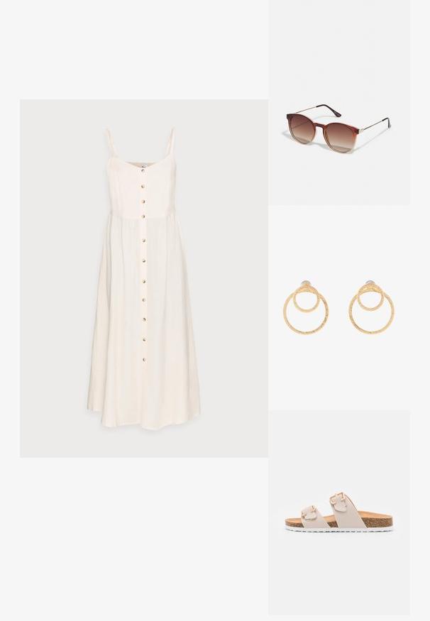 Vestido de lino color beige claro con tirantes finos, un frente abotonado y una falda fluida. Presenta un diseño sencillo y una textura natural.; Sandalias deslizantes beige con dos correas ajustables y hebillas en tono dorado. Plantilla de corcho con una suela exterior de goma blanca texturizada.; Gafas de sol redondas con lentes de gradiente marrón, una montura de acetato carey y acentos de metal dorado en el puente y las patillas.; Pendientes de aro en tono dorado que presentan dos círculos entrelazados con un acabado texturizado. Diseñados con un respaldo liso y seguro.