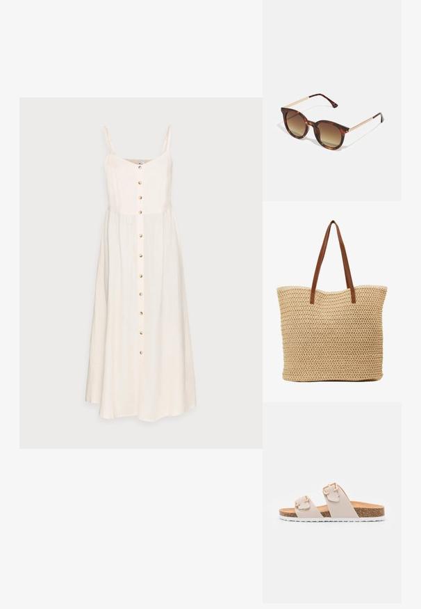 Vestido de lino color beige claro con tirantes finos, un frente abotonado y una falda fluida. Presenta un diseño sencillo y una textura natural.; Sandalias deslizantes beige con dos correas ajustables y hebillas en tono dorado. Plantilla de corcho con una suela exterior de goma blanca texturizada.; Gafas de sol de carey con lentes marrón degradado, forma redondeada y acentos de metal dorado en las patillas.; Tote de paja trenzada con forma cilíndrica, en color beige claro, superficie texturada y asas de cuero sintético marrón.