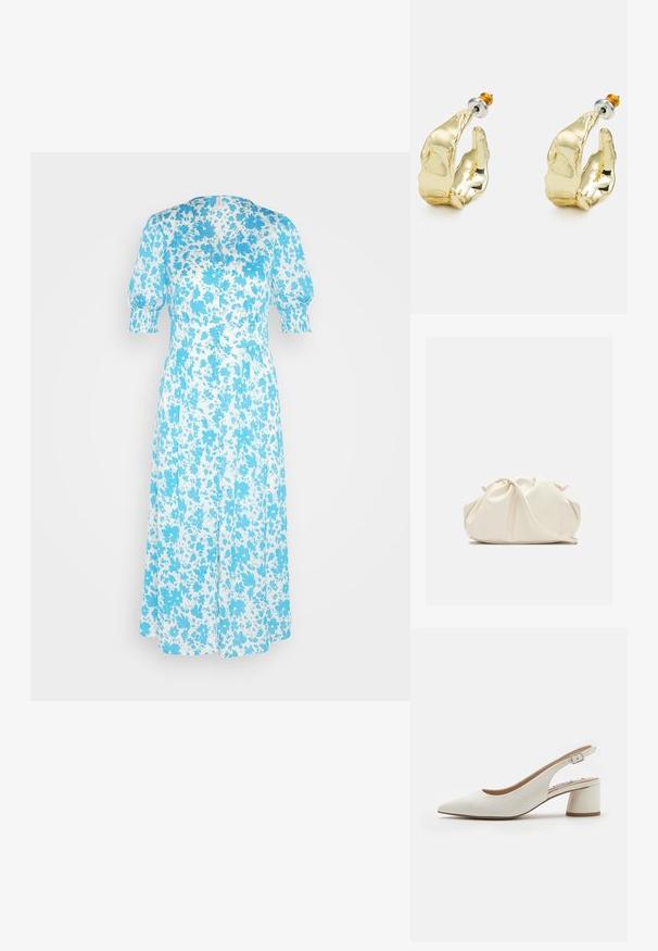 ONLY ONLRIKKA V NECK MIDI DRESS - Blousejurk - cyan blue; Witte leren slingback pump met een spitse neus, middelhoge blokhak en verstelbare strap. Gladde textuur; minimalistisch ontwerp.; Zachte, crèmekleurige leren clutch met geplooid, gerimpeld ontwerp en een dunne schouderriem die vooraan op een effen achtergrond ligt.; Goudkleurige oorbellen in de vorm van abstracte handen, met een glanzend oppervlak, ingewikkelde details en een zilver- en goudkleurige post voor een veilige bevestiging.