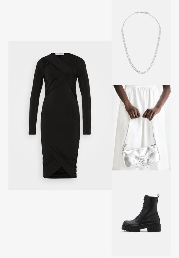 Selected SLFDEMI DRESS - Etuikleid - black; Schwarze Lederknöchelstiefel mit klobiger, gerippter Sohle, Schnürung vorne und Zuglasche auf glattem weißen Hintergrund.; Silberne metallische Handtasche mit Schnürdetail, die ein elegantes Design und einen kurzen Tragegurt aufweist. Die Tasche wird in den Händen gehalten und zeigt ihre Textur.; ALDO MIRAOLLA - Halskette - silver-coloured