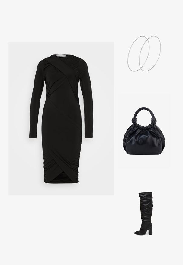 Selected SLFDEMI DRESS - Robe fourreau - black; Bottes noires montantes en cuir texturé avec un design froncé et un bout pointu, dotées d'un talon block chunky.; Sac à main en cuir noir souple avec le dessus froncé et deux grosses poignées nouées sur un fond uni clair.; Boucles d'oreilles en argent au design minimaliste. Forme circulaire, texture lisse et profil fin. Légères avec une finition polie.