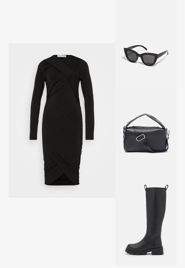 Selected SLFDEMI DRESS - Shift dress - black; Black knee-high boot made of smooth leather with a chunky sole and slight heel. Features pull tabs and elastic side panels for easy wear.; Black cat-eye sunglasses with a matte finish, featuring gray tinted lenses, sharp angles, and sleek side arms. Brand name visible on the inner arm.; Zign STUDIO by Zalando Handbag - black