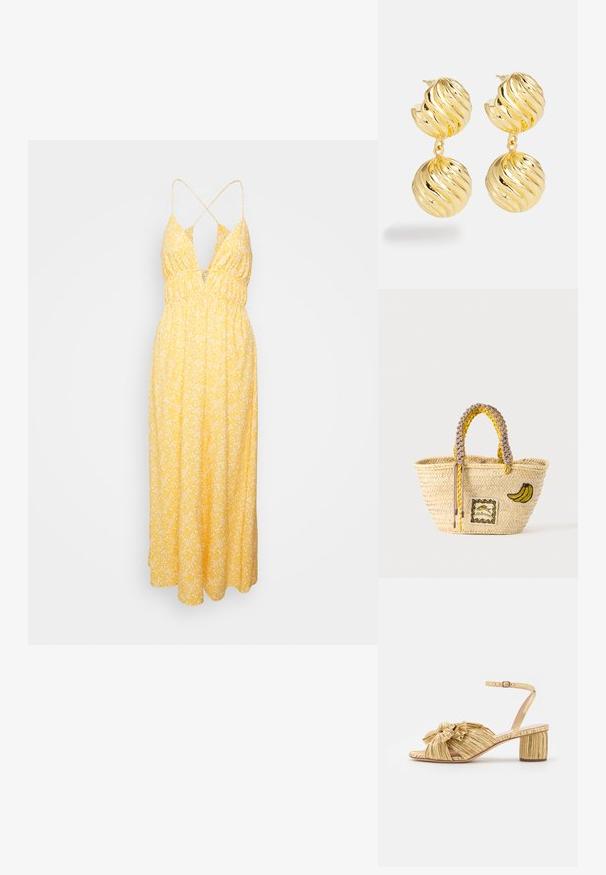 DESIGNERS REMIX HAWAII LONG DRESS - Denné šaty - mandarin; Zlaté sandále na podpätku s textúrovaným, prekladaným dizajnom a výraznou mašľou. Popruh okolo členka s nastaviteľnou sponou, stredný blokový podpätok.; Vyrábaná slamenná taška s pletenými žltými a béžovými rukoväťami, zdobená nášivkou banánu a malým rámovaným motívom ryby na prednej strane.; Náušnice zlatého odtieňa s krúteným dizajnom. Obsahujú prvky v tvare guličiek, z ktorých každá má vlnitú textúru a lesklý povrch.