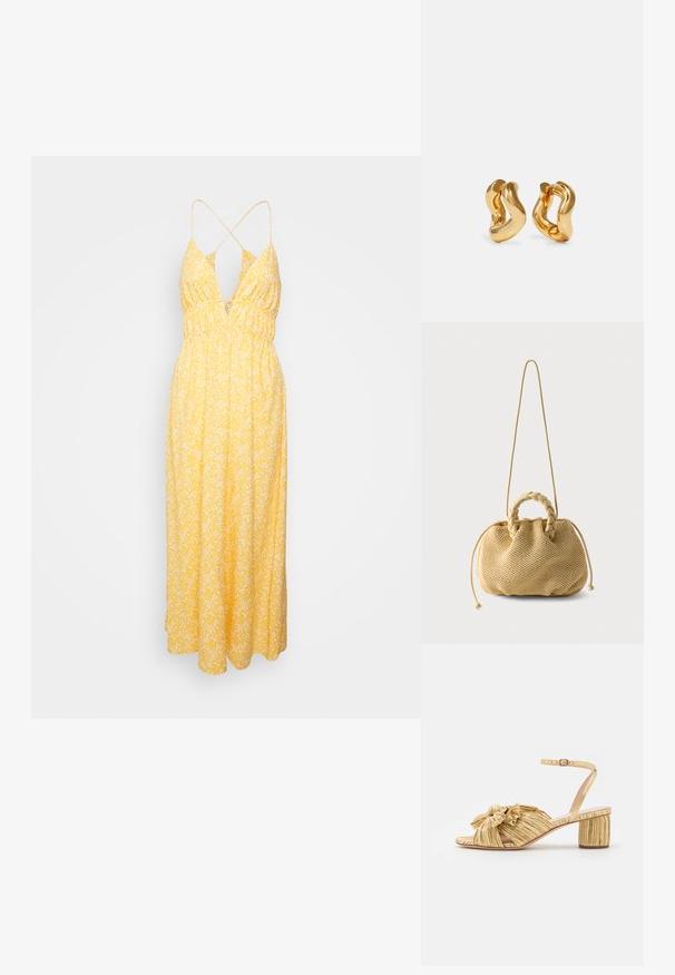 DESIGNERS REMIX HAWAII LONG DRESS - Jurk - mandarin; Gouden sandalen met hakken, voorzien van een textuur en geplooid ontwerp met een opvallende strikdetail. Enkelbandje met verstelbare gesp, medium blokhak.; Beige geweven handtas met gevlochten bovenhandvatten, tunnelzijden met trekkoord en een lange dunne schouderriem op een effen witte achtergrond.; Gouden oorringen met een golvend ontwerp, voorzien van een gladde, glanzende oppervlakte en een gestroomlijnde vorm. Geen zichtbare sluitingen.