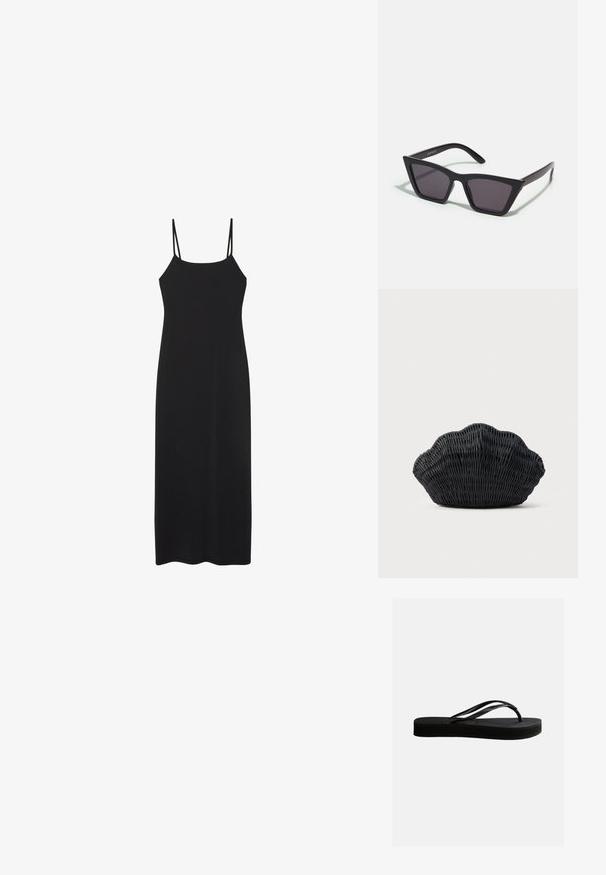 Schwarzes ärmelloses Maxikleid mit dünnen Spaghettiträgern und geradem Ausschnitt, vor weißem Hintergrund präsentiert.; Schwarze Gummiflips mit strukturierter Sohle und Y-förmigem Riemen, seitliche Ansicht vor schlichtem hellem Hintergrund.; Schwarze, eckige Sonnenbrille mit grauen Gläsern; aus Kunststoff gefertigt, mit dicken Bügeln, die eine glatte Oberfläche und keine sichtbaren Beschläge haben.; Schwarze Korbtasche in Muschelform mit gebogenem Oberteil und gewebter Textur auf einfarbigem Hintergrund.