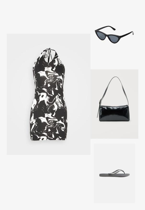 Monki Robe en jersey - black; Claquette grise plate avec semelle texturée et fines brides en Y, vue de profil sur un fond clair uni.; Lunettes de soleil noires en forme d'œil de chat avec des verres gris foncé, monture en plastique élégante, coins pointus et branches droites. Pas de métal visible ni d'accents.; Sac d'épaule rectangulaire noir avec une sangle réglable unique et une fermeture éclair supérieure sur un fond uni.