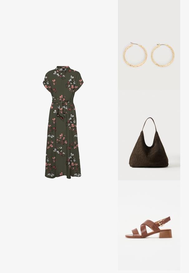 Maxi kjole med blomstermønster i mørkegrøn, der har korte ærmer, krave, en bælte om taljen og en svajende silhuet med pink og hvide accenter.; Brune læderhælede sandaler med et krydsrem-design og en spænde-lukning, med en blokhæle og en glat, tekstureret finish.; Mørkebrun skuldertaske med mønstret blomsterhækling og en enkelt tynd strop på ensfarvet baggrund.; Par af guldfarvede teksturerede hoop-øreringe med tynde stifter på en hvid baggrund.