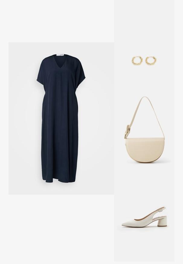 Navyblauwe jurk tot op de knie van gladde stof, met een V-hals, korte mouwen en een losse pasvorm met zijsplitten.; Witte leren slingback pump met een spitse neus, middelhoge blokhak en verstelbare strap. Gladde textuur; minimalistisch ontwerp.; HVISK NOMI SOFT STRUCTURE - Handtas - bone white; Gouden creolen met een textuurdesign en kleine, ronde kralen die gelijkmatig rond de ring zijn geplaatst. Lichtgewicht metalen constructie.