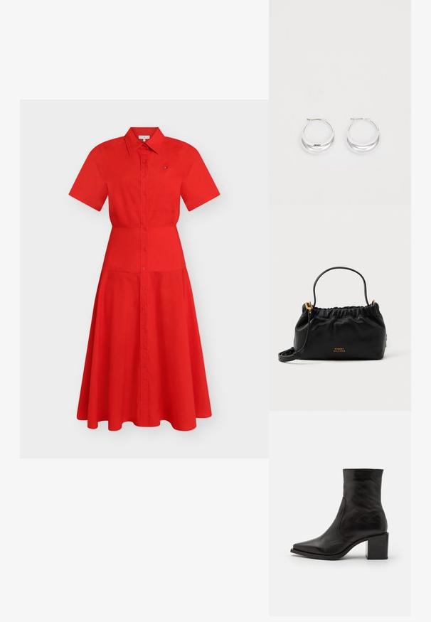 Rotes Midi-Kleid mit kurzen Ärmeln, Knopfleiste, Kragen und dezentem Logo auf der linken Brust, tailliert und mit ausgestelltem Rock.; Schwarzer Lederknöchelstiefel mit quadrater Spitze und Blockabsatz. Das Design zeichnet sich durch eine glatte Textur und minimale Nähte aus.; Schwarze Lederhandtasche mit gerafftem Oberteil, einem kurzen Griff und einem abnehmbaren Schulterriemen. Verfügt über ein goldfarbenes Logo-Accessoire und eine glatte Textur.; Silberne Creolen mit glänzender Oberfläche und DKNY-Logo, vor einem schlichten weißen Hintergrund präsentiert.