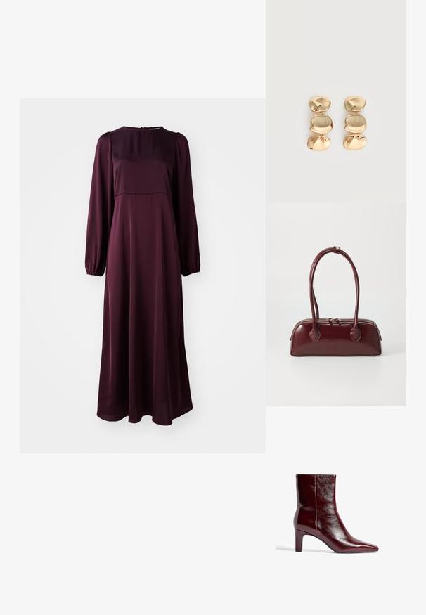 Langärmliges, bodenlanges Kleid aus tiefburgunderfarbener Stoff. Glatte Textur, runder Ausschnitt, geraffte Ärmel und Reißverschluss hinten.; Burgunderfarbene Leder-Ankle-Boots mit spitzem Zeh, schlankem Design und mittelhohem Blockabsatz. Glatte Oberfläche und minimale Nahtdetails.; Burgunderfarbene Ledertasche mit geschwungener Form, doppelten Tragegriffen, Reißverschlussverschluss und dezenten Steppdetails. Glatte, hochglänzende Oberfläche.; Ohrhänger in Goldoptik mit drei unregelmäßigen, glatten, abgerundeten Segmenten, die vertikal auf einem schlichten, hellen Hintergrund gestapelt sind.