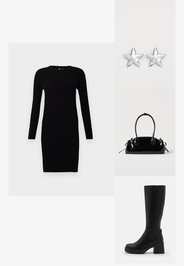 Robe pull noire côtelée avec des manches longues, un col rond, une silhouette ajustée et une coupe mi-longue. Texture lisse, design minimaliste.; Even&Odd by Zalando Bottes à plateau - black; Petit sac à main noir brillant avec deux longues anses et des détails à cordon sur les côtés sur un fond clair uni.; Boucles d'oreilles argentées en forme d'étoile, avec une surface lisse et brillante. Chaque boucle d'oreille possède cinq pointes et des détails subtils de texture de surface.