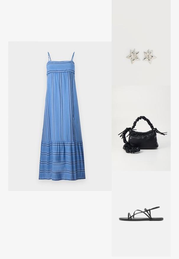 Hollister Co. BABYDOLL MAXI - Maxikjoler - dark blue/white; Sorte flade sandaler med tynde, krydsende remme, åben tådesign og en minimalistsk sål. Har et lille spænde detaljer til justering.; Sort kunstlæder håndtaske med krokodilteksur, indsnøret top og en sammenkrøben rem. Ser blød og kompakt ud i designet.; Sølv stjerneformede øreringe med en glat, poleret finish på en ensfarvet hvid baggrund.