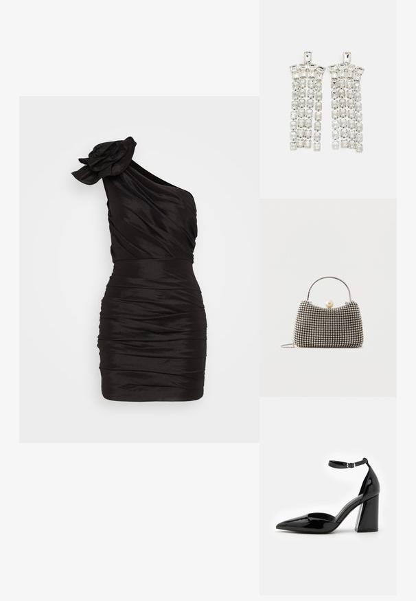 Vestido negro asimétrico con detalle de rosetón, hecho de un tejido suave. Presenta un diseño ajustado y fruncido con un dobladillo corto.; Zapato de tacón alto de charol negro con punta afilada, correa en el tobillo y ancho tacón bloque para mayor estabilidad, con una textura suave y brillante.; Pequeño bolso de mano con patrón de cuadrícula plateada, asa curva, gran cierre de perla y una delgada correa de cadena plateada sobre un fondo liso.; Pendientes de gota de cristal con un acabado en tono plateado, adornados con múltiples piedras recortadas en forma rectangular y cuadrada dispuestas en filas en cascada.