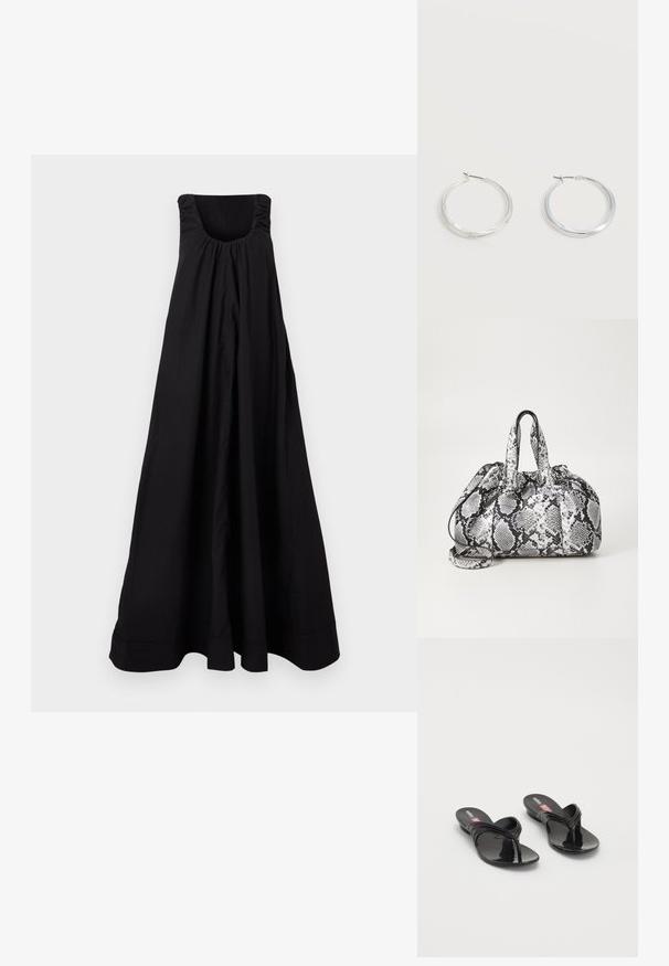 Vestido maxi negro sin mangas con escote cuadrado y tela fruncida en la parte superior, que cae suelto hasta el dobladillo.; Melissa QUANTUM THONG X DIESEL - Sandalias de dedo - black; Bolso de mano con patrón de piel de serpiente en blanco y negro, con dos asas, un cierre de cordón y una correa para el hombro desmontable. Textura suave.; Pendientes de aro de metal plateado con superficie lisa y ligeramente curvada y cierre de tipo mosquetón sobre un fondo blanco liso.