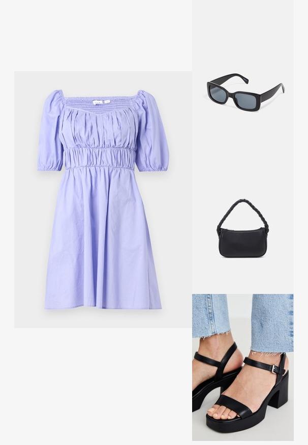 Vestido lila con mangas cortas abullonadas, cuerpo fruncido y falda fluida. Hecho de una tela ligera, que presenta detalles fruncidos.; ALDO CELIE - Sandalias de tacón - black; Gafas de sol rectangulares negras con lentes oscuros, montura de plástico grueso y patillas anchas. Superficie lisa y diseño anguloso.; Bolso negro de forma redondeada, hecho de material liso. Presenta un asa trenzada y un cierre de cremallera para un almacenamiento seguro.