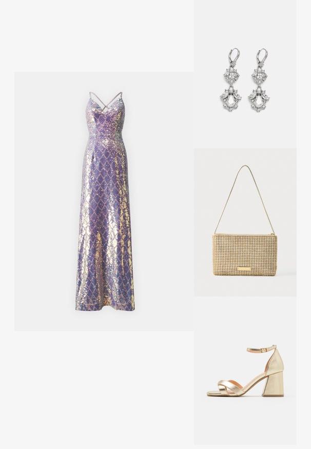 Robe maxi à sequins avec un corsage ajusté, un décolleté en V et des bretelles croisées. Présente un motif en diamant dans des tons irisés de violet et d'or.; Sandales avec talons en or métallisé, à talon block, à bout ouvert et design de lanières entrecroisées. La lanière de cheville dispose d'une fermeture à boucle.; Pochette dorée de forme rectangulaire, recouverte de strass argentés brillants. Dotée d'une fine bandoulière métallique et d'une fermeture éclair.; Boucles d'oreilles en métal argenté ornées de plusieurs pierres précieuses en cristal transparent en forme de goutte et de marquise, avec des fermoirs à levier et des détails complexes.