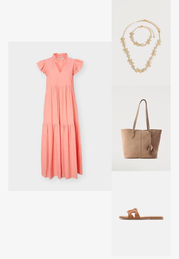 Robe longue rose corail avec manches courtes à volants, décolleté en V, col à volants et jupe à étages froncée.; Sandale à glissière en cuir tan avec des lanières croisées, semelle plate et design minimaliste. Texture lisse sans motifs ni éléments matériels visibles.; Sac fourre-tout en daim beige doux avec deux longues anses, un design simple et un détail noué sur le côté. Texture lisse sur toute la surface.; Ensemble collier et bracelet ton or avec motifs floraux et feuilles en cristal clair, tous deux avec fermoirs chaîne réglables sur fond blanc.