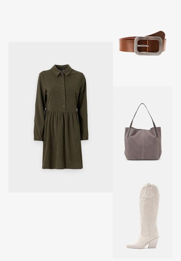 Olijfgroene corduroy jurk met lange mouwen, knoopsluiting aan de voorkant, puntkraag en een uitlopende rok. Bevat een subtiele verticale ribbelstructuur.; Witte leren cowboylaars met een spitse neus en een vierkante hak. Heeft ingewikkelde stikpatronen op de schacht en een soepele textuur.; Grijze suède tote bag met twee donkere leren hengsels. Kenmerkt zich door gestikte details aan de zijkanten, een zachte textuur en een ruime opening.; Bruine leren riem met een rechthoekige zilveren metalen gesp, met een gestructureerde afwerking en een gladde, gepolijste oppervlakte.