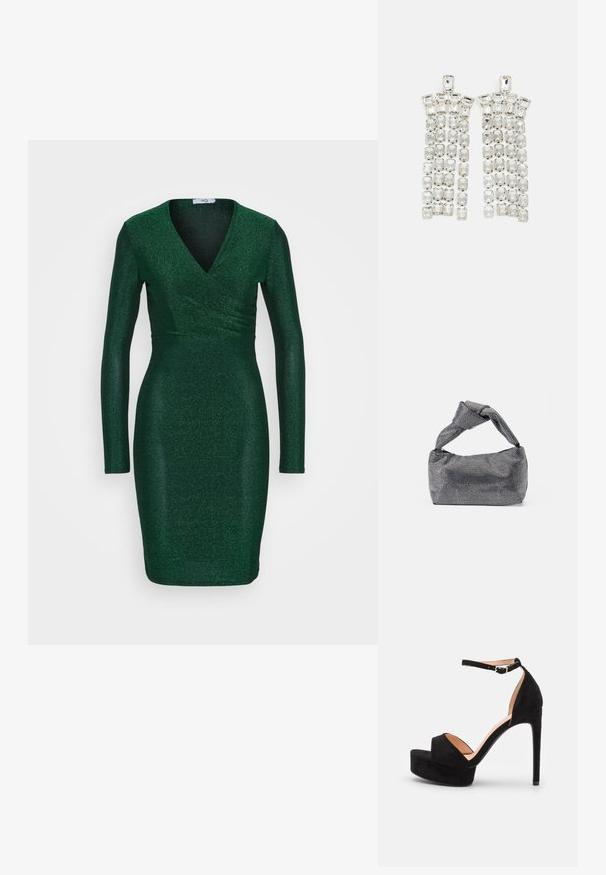 Vestido verde brillante con escote en V, mangas largas y silueta ajustada, que presenta una tela texturizada y un diseño envolvente en la cintura.; Sandalia de tacón alto de ante negro con suela de plataforma, tira en el tobillo con herrajes plateados, diseño de punta abierta y textura suave.; Bolso de mano negro y plateado con una superficie texturizada que presenta un patrón de diamante, un asa anudada y una forma estructurada.; Pendientes de gota de cristal con un acabado en tono plateado, adornados con múltiples piedras recortadas en forma rectangular y cuadrada dispuestas en filas en cascada.