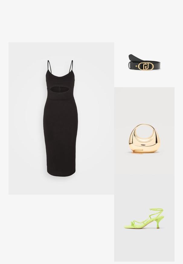 WAL G. KATE CUT OUT MIDI - Jerseykjole - black; Neon grøn højhælede sandal med firkantet tå, tynde stropper, ankelspænde og buet hæl. Glat materiale med en blank finish.; Lille skinnende gylden metalhåndtaske med cirkulært håndtagssnit og tynd kædestrop på lysegrå baggrund.; Sort læderbælte med en oval guldspænde med sammenflettet design. Glat tekstur og justerbar længde med en snaplukning.