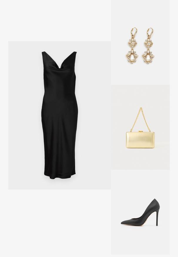 Mustmust kleit V-kaelusega ja ilmanõlvadega. Kitsas siluett, vooderdatud bodice ja ulatub keskmise säärteni. Sile tekstuur.; Must have kõrge kontsaga must king, mis on valmistatud sileda nahaga, terava varbaga, peene stilettokontsaga ja diskreetse kuldse aktsendiga kontsa lähedal.; Ristkülikukujuline kuldne kokkupandav käekott läikiva viimistluse, metallkinnise ja lühikese kuldse ketist käepidemega helel ühtlasel taustal.; Kuldtooniga ripatsiga kõrvarõngad, mis esitlevad klastridisaini, millel on ümmargused ja tilgasjad selgelt kristallid, näidates keerukat detaili.