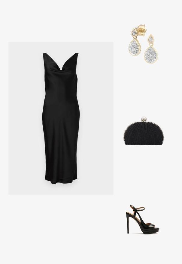 Schwarzes Satin-Kleid mit V-Ausschnitt und ärmellosem Design. Die figurbetonte Passform zeichnet sich durch ein drapiertes Oberteil aus und reicht bis zur Mitte der Waden. Glatter Stoff.; Schwarze High-Heel-Sandale mit offenem Zeh, Knöchelriemen, glänzendem Leder, Plattformsohle und Stiletto-Absatz. Mit goldenen Hardware-Details.; Schwarze Abend-Clutch mit strukturiertem Stoff, eingefasst von einer Reihe kleiner Perlen und einem großen Perlenverschluss oben.; Tropfenohrringe mit einem goldenen Rahmen und silbernen Akzenten, verziert mit mehreren kleinen, runden glitzernden Steinen in einer dekorativen Anordnung.