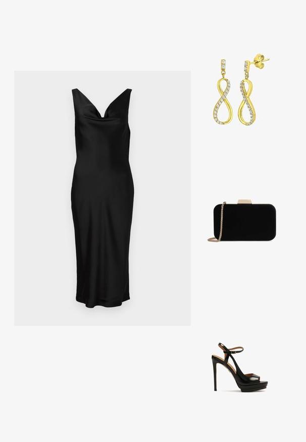 Schwarzes Satin-Kleid mit V-Ausschnitt und ärmellosem Design. Die figurbetonte Passform zeichnet sich durch ein drapiertes Oberteil aus und reicht bis zur Mitte der Waden. Glatter Stoff.; Schwarze High-Heel-Sandale mit offenem Zeh, Knöchelriemen, glänzendem Leder, Plattformsohle und Stiletto-Absatz. Mit goldenen Hardware-Details.; Schwarze Samt-Clutch mit goldfarbener Hardware, rechteckiger Form und Kettenriemen, mit glatter Textur und ohne sichtbare Muster.; Goldfarbene Ohrringe in Form eines stilisierten Unendlichkeitssymbols, verziert mit klaren, runden, geschliffenen Kristallen entlang der Kanten. Mit Steckverschluss.