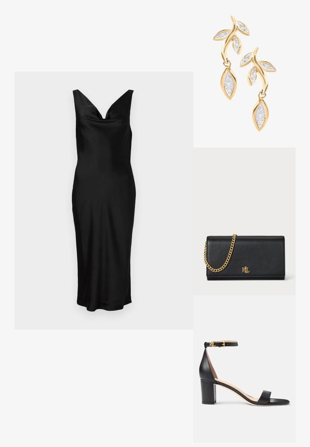Vestido de satén negro con escote en V y diseño sin mangas. El ajuste ceñido presenta un cuerpo drapeado y cae hasta la mitad de la pantorrilla. Textura suave.; Lauren Ralph Lauren LOGAN BURNISHED LEATHER SANDAL - Sandalias - black; Cartera de cuero negro con una correa de cadena dorada, que presenta un logotipo dorado en el frente. Diseño minimalista con una textura suave y forma estilizada.; DIAMANT L'ÉTERNEL Pendientes - gold coloured