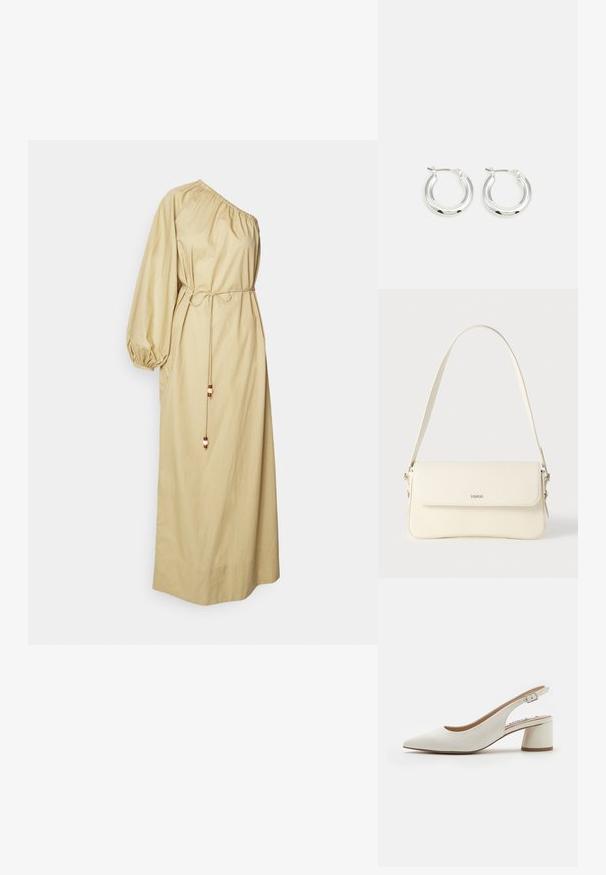 Beige, einseitig tragendes Kleid aus leichtem Stoff. Mit gerafftem Ausschnitt, Ballonärmel, Kordelzug in der Taille und Perlenakzenten.; Weiße Leder Slingback-Pumps mit spitzem Zehenbereich, mittelhohem Blockabsatz und verstellbarem Riemen. Sanfte Textur; minimalistisches Design.; Schultertasche aus cremefarbenem Leder mit Klappverschluss, silbernen Beschlägen, einem verstellbaren Riemen und einem dezenten Logodetail.; Silberne Creolen mit glänzender Oberfläche, die eine kreisrunde Form haben und mit einem schwenkbaren Verschluss ausgestattet sind. Glatte Textur mit minimalen Details.