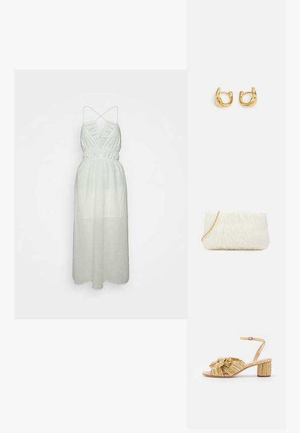 DESIGNERS REMIX LUCIA LONG DRESS - Φόρεμα ημέρας - white; Χρυσές σάνταλες με τακούνι, με υφή και πτυχές, που διαθέτουν έντονη λεπτομέρεια σε φιόγκο. Ιμάντας γύρω από τον αστράγαλο με ρυθμιζόμενη αγκράφα, μέτριο τετράγωνο τακούνι.; Λευκή υφασμάτινη τσάντα χεριού με συγκεντρωμένο σχέδιο, διαθέτει χρυσή αλυσίδα. Λείο φινίρισμα με διακριτά κύματα και στρογγυλεμένες άκρες.; Χρυσά σκουλαρίκια σε σχήμα κρίκου με μαλακή, στρογγυλή σχεδίαση και γυαλιστερή φινέτσα. Τα σκουλαρίκια έχουν συμπαγή, χοντρή μορφή και αδιάκοπο κούμπωμα.