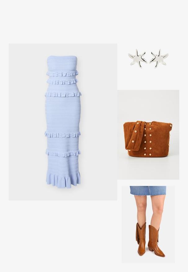 Lichtblauwe strapless midi-jurk met getextureerde horizontale strepen en meerdere gerimpelde lagen over het lijfje, de taille en de zoom.; Bruine leren cowboylaarzen met puntige neuzen, decoratieve stiksels en zijfranje, voorzien van een gestapelde hak voor extra hoogte.; Bruine suède schoudertas met een brede schouderband, voorzien van goudkleurige metalen studs die in een verticale patroon op de voorkant en zijkanten zijn gerangschikt.; Een paar glanzende zilveren oorbellen in de vorm van een zeester met vijf onregelmatige armen op een witte achtergrond.