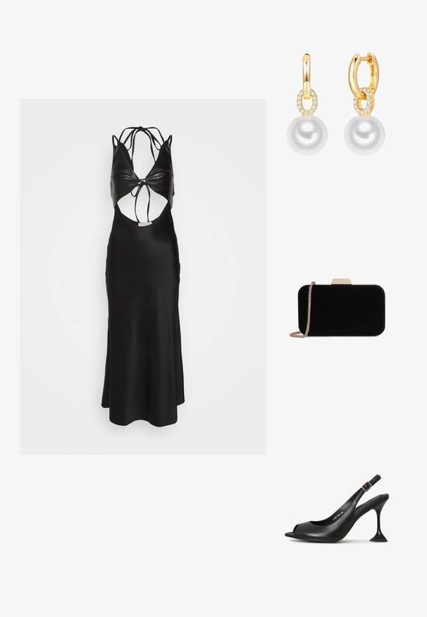 Materiel RHOMBUS COMBO DRESS - Cocktailkjole / festkjole - black; Sort læder slingback hæl med åben tå, spids form, smal hæl der udvider sig, og en firkantet base. Tekstureret overflade og spænde detaljer.; Sort velour clutch med guldfarvede detaljer, rektangulær form og kædestrop, der har en glat tekstur og ingen synlige mønstre.; Guld hoops øreringe med et lille ovalt diamantbesat led, hver med en stor hvid rund perledråbe.