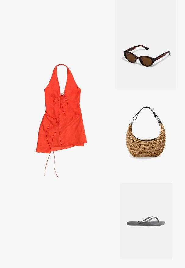 Rotes Neckholder-Minikleid mit tiefem V-Ausschnitt und Taillenbändern auf weißem Hintergrund.; Flache graue Flip-Flop-Sandale mit strukturiertem Fußbett und dünnen Y-förmigen Riemen, von der Seite vor einem schlichten hellen Hintergrund gezeigt.; Braune Schildpatt-Sonnenbrille mit einer Vintage-Cat-Eye-Form und braunen Gläsern. Verfügt über gebogene Bügel mit roten Akzenten.; Geflochtene Strohtasche in Beige mit geschwungener Silhouette, ausgestattet mit einem schwarzen Lederband und silbernen Metallakzenten. Strukturierte Oberfläche.
