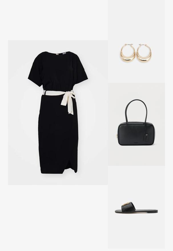 Robe noire en tissu léger, avec des manches courtes, une taille ceinturée avec un ruban crème, et un détail de jupe enveloppante.; Sandales slides en cuir noir avec un bout ouvert, une semelle plate et un accent décoratif en or sur le dessus. Texture lisse avec un design minimal.; Sac à main rectangulaire noir avec doubles poignées arrondies, fermeture éclair dorée et logo "HUGO" embossé sur le devant avec une étiquette en cuir attachée.; Boucles d'oreilles créoles dorées en forme de croissant, avec une surface polie et un fermoir à charnière. La texture lisse et la finition réfléchissante améliorent la visibilité.