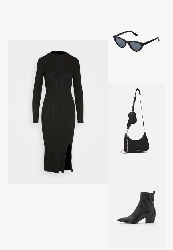 Schwarzes geripptes Strickkleid mit langen Ärmeln, hohem Ausschnitt und seitlichem Schlitz am Saum. Figurbetontes Design, glatte Textur und knielange Länge.; RAID ROCCO - Cowboy-/Bikerstiefelette - black; Schwarze Cat-Eye-Sonnenbrille mit dunkelgrauen Gläsern, schlankem Kunststoffrahmen, spitzen Ecken und geraden Bügeln. Keine sichtbaren Befestigungen oder Akzente.; Schwarze Nylon-Umhängetasche mit geschwungener Form, silbernem Kettenakzent, abnehmbarem Mini-Pouch und verstellbarem Trageriemen; mit "Steve Madden"-Logo.