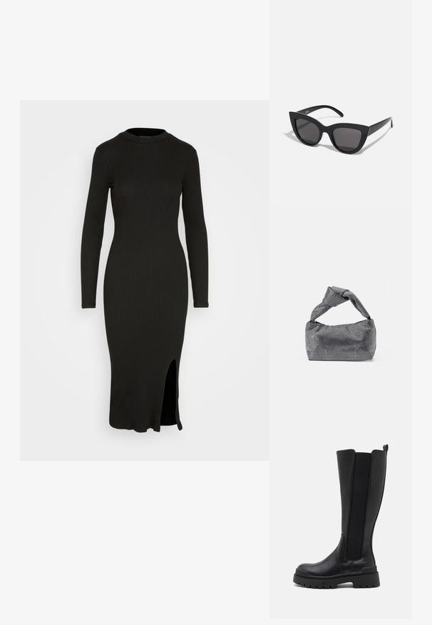 Schwarzes geripptes Strickkleid mit langen Ärmeln, hohem Ausschnitt und seitlichem Schlitz am Saum. Figurbetontes Design, glatte Textur und knielange Länge.; Even&Odd by Zalando Plateaustiefel - black; Schwarze Cat-Eye-Sonnenbrille mit matter Oberfläche, grauen getönten Gläsern, scharfen Kanten und schlanken Bügeln. Der Markenname ist auf dem inneren Bügel sichtbar.; Schwarz-silberne Handtasche mit einer strukturierten Oberfläche, die ein Diamantmuster aufweist, einem geknoteten Griff und einer strukturierten Form.