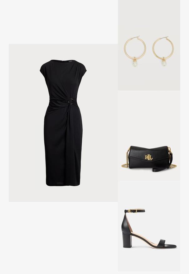 Schwarzes knielanges Kleid mit kurzen Ärmeln, Drapierungen und einem Twist-Design an der Taille mit einem Metallring-Akzent. Weicher Stoff.; Lauren Ralph Lauren LOGAN BURNISHED LEATHER SANDAL - Riemensandalette - black; Schwarze Lederclutch mit goldenem RLL-Logo vorne, goldener Kettenriemen und abnehmbarem Leder-Handgelenkriemen auf weißem Hintergrund.; Goldene Creolen, jeweils mit einer einzelnen herabhängenden weißen Perle und kleinen Strasssteindetails vor hellem Hintergrund.
