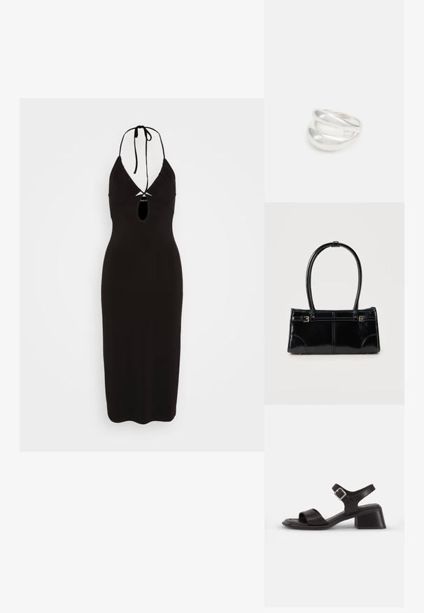 Even&Odd by Zalando Jerseykjole - black; Sort lædersandal med åben tå, en bred rem over foden og en ankrems, der har en sølvspænde. Design med blokhæle.; Glansfuld sort rektangulær håndtaske med to tynde skulderremme og små guldbeslag foran.; Sølvring med dobbeltbånd og en glat, poleret overflade. Den har et flydende, buet design med overlappende sektioner for et moderne udtryk.